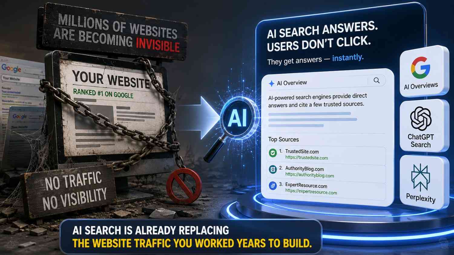 AI search visibility showing business websites disappearing from Google AI Overviews and ChatGPT search results — future SEO strategy for India and global markets