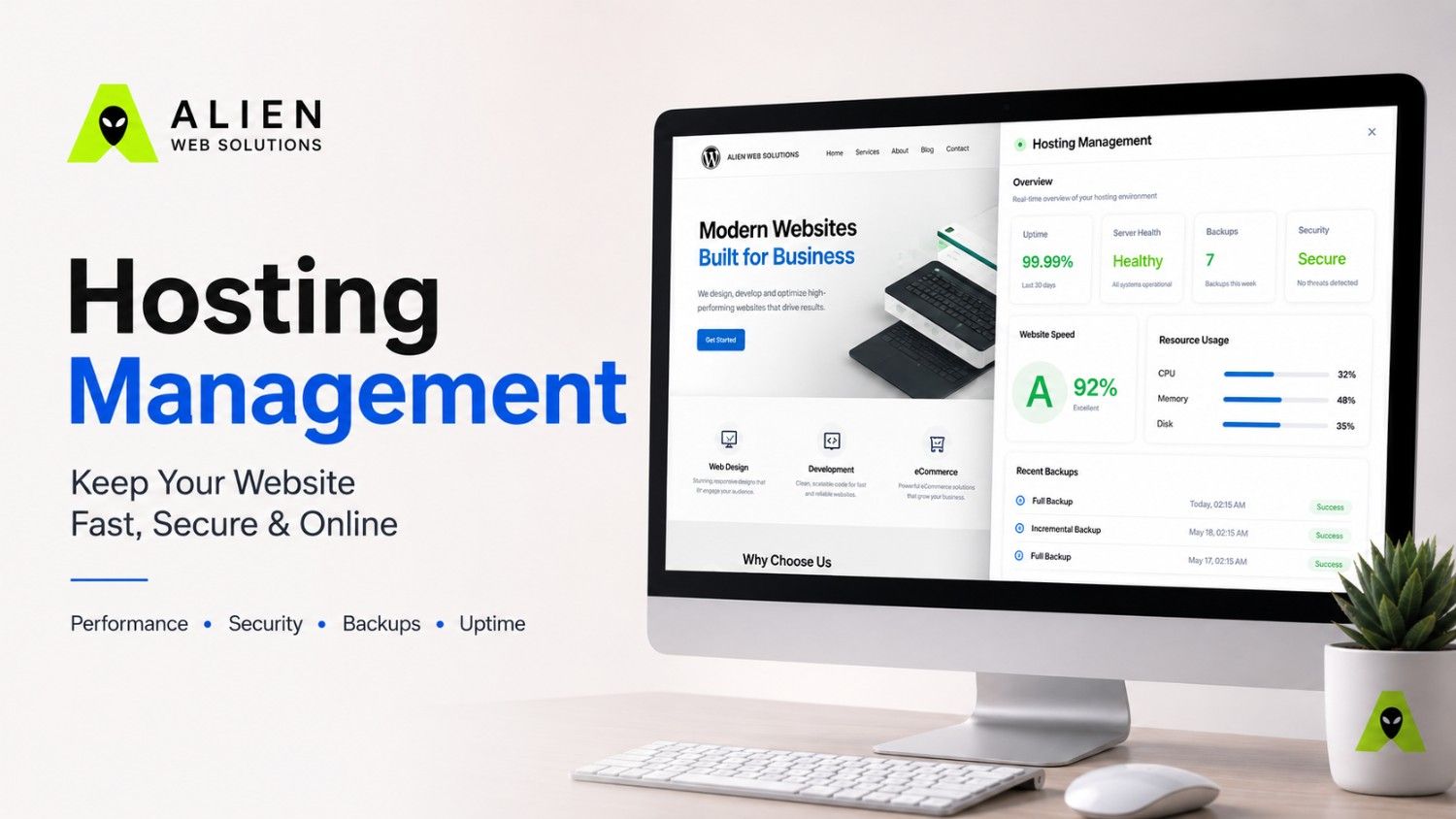 Hosting management workflow showing server monitoring, backups, and security checks keeping a website online